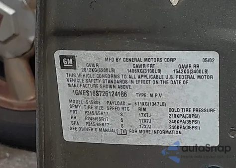 2002 GMC Envoy Xl Sle from USA, damaged, VIN 1GKES16S726124186